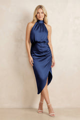 High Neck Sheath Ruched Bridesmaid Dress With Bow in Navy