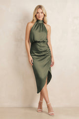 High Neck Sheath Ruched Bridesmaid Dress With Bow in Olive