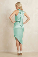 High Neck Sheath Ruched Bridesmaid Dress With Bow in Pale Pistachio