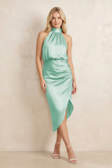 High Neck Sheath Ruched Bridesmaid Dress With Bow in Pale Pistachio
