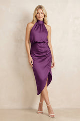 High Neck Sheath Ruched Bridesmaid Dress With Bow in Plum