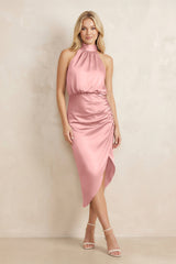 High Neck Sheath Ruched Bridesmaid Dress With Bow in Rosette