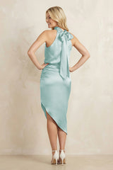 High Neck Sheath Ruched Bridesmaid Dress With Bow in Sage