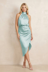 High Neck Sheath Ruched Bridesmaid Dress With Bow in Sage