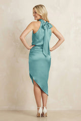 High Neck Sheath Ruched Bridesmaid Dress With Bow in Sea Glass