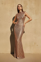 High-Neck Sleeveless Sequins Gown in Gold