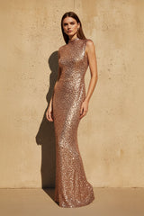 High-Neck Sleeveless Sequins Gown in Gold