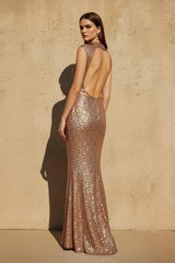 High-Neck Sleeveless Sequins Gown in Gold
