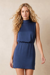 High Neck Sleeveless Sheath Mini Dress in Navy