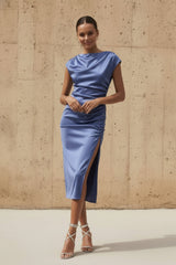 High-Neck Stretch Satin Midi Dress in Steel Blue