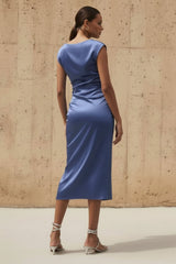 High-Neck Stretch Satin Midi Dress in Steel Blue