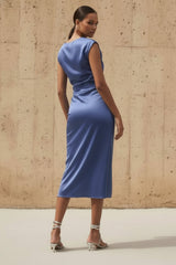 High-Neck Stretch Satin Midi Dress in Steel Blue