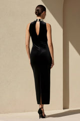 High Neck Velvet Midi Dress With Pearls in Black