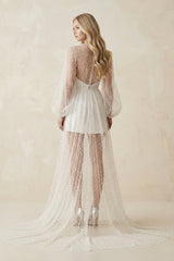 Illusion A-Line Long Sleeves Mini Wedding Dress With Beaded in White