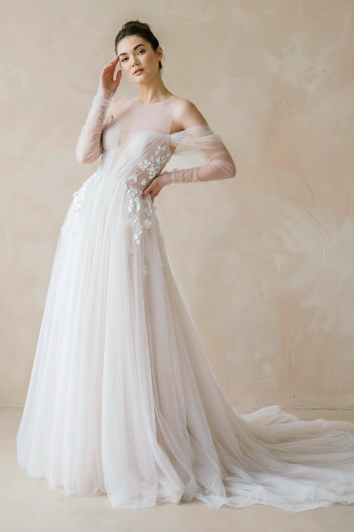 Illusion Long Sleeve A-Line Tulle Wedding Dress