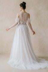 Illusion Long Sleeve A-Line Tulle Wedding Dress