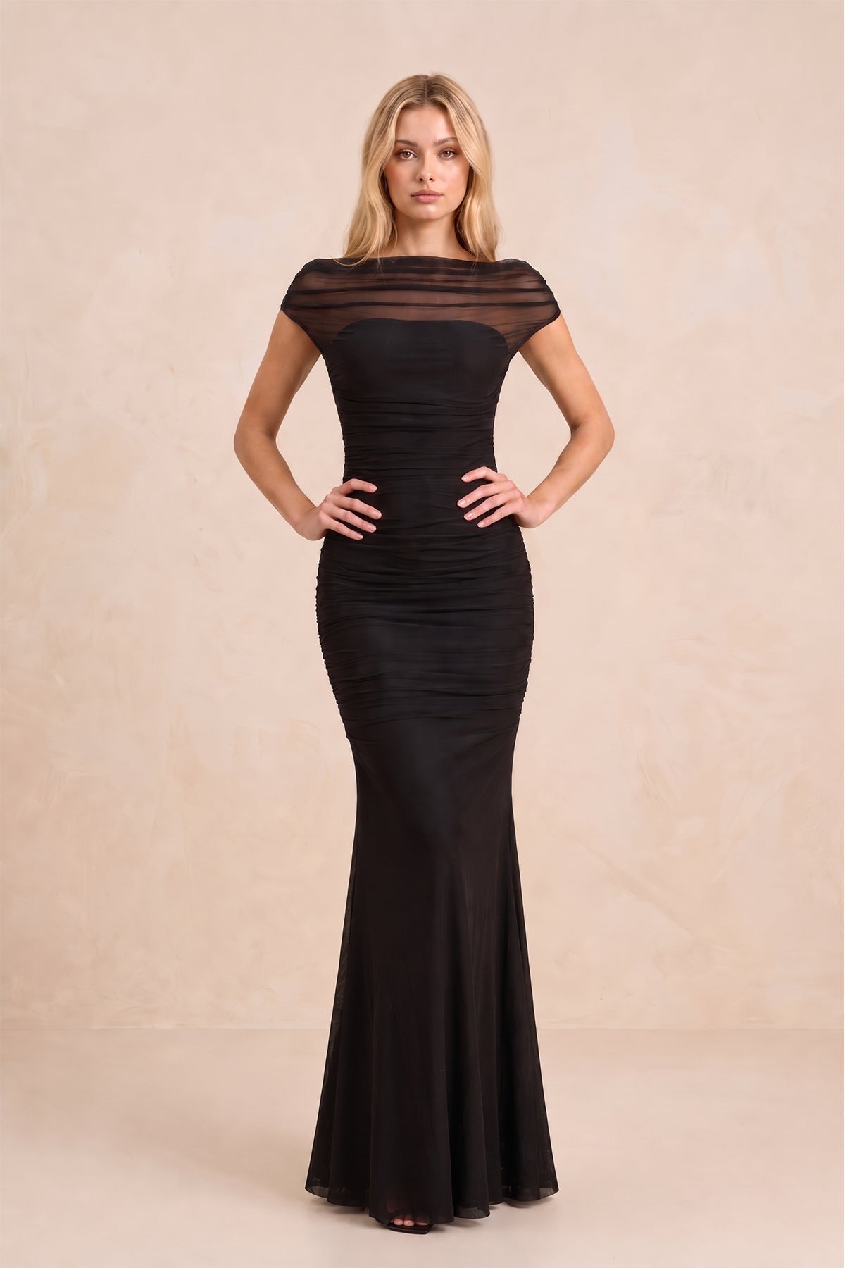 Illusion Mermaid Stretch Mesh Maxi Dress with Cap Sleeves in Black