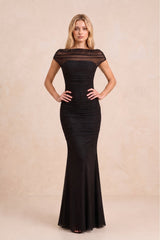 Illusion Mermaid Stretch Mesh Maxi Dress with Cap Sleeves in Black