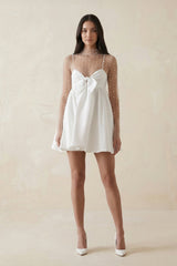 Illusion Neck A-Line Satin Bow Mini Wedding Dress With Pearl in White