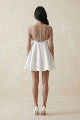 Illusion Neck A-Line Satin Bow Mini Wedding Dress With Pearl in White