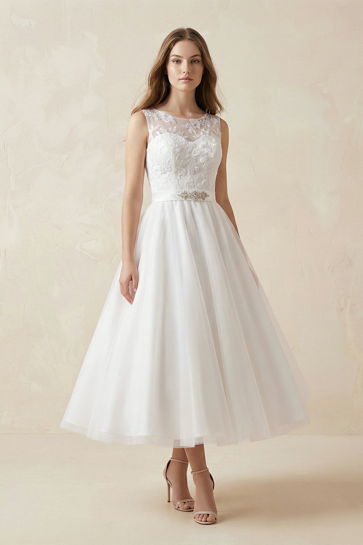 Illusion Neck A-Line Tulle Appliqued Midi Wedding Dress With Bow in White