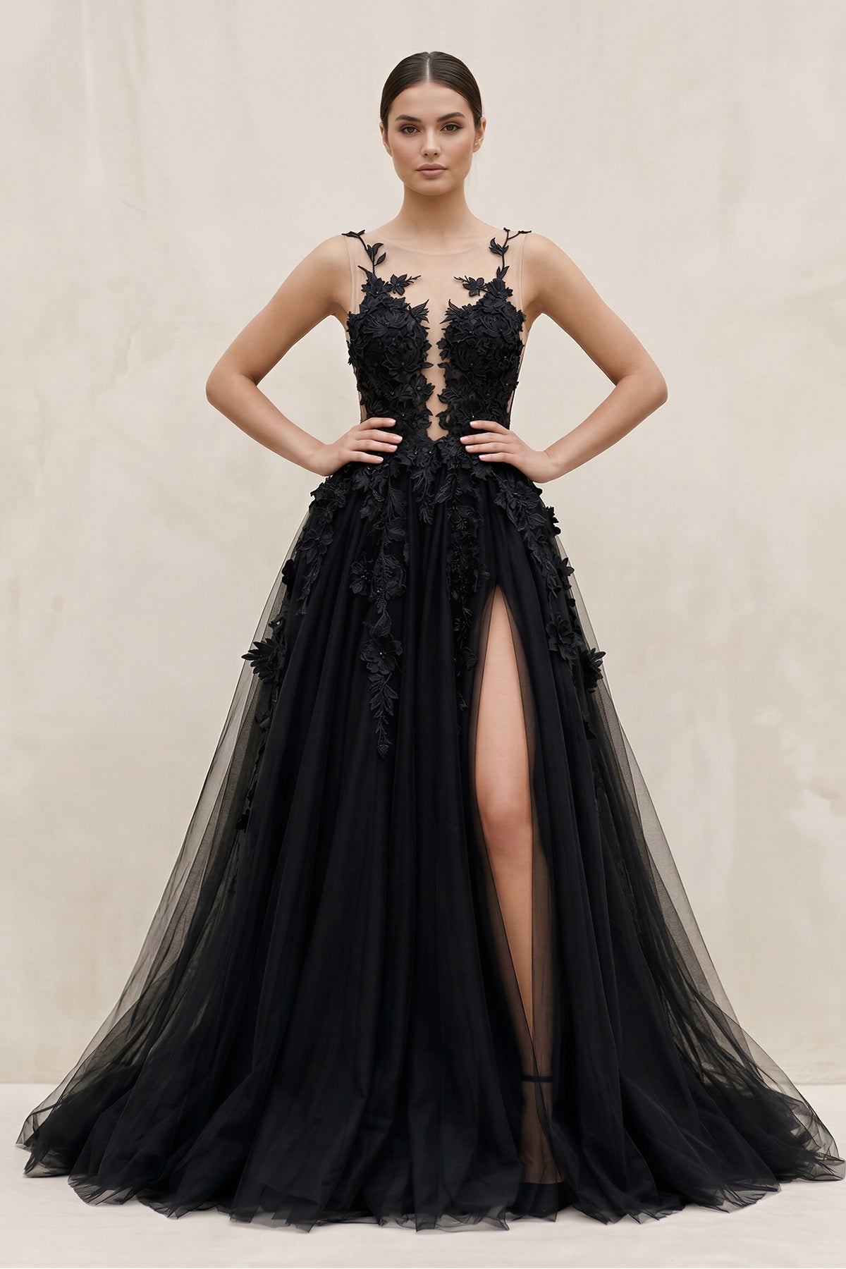 Illusion Neck A-Line Tulle Appliqued Wedding Dress in Black