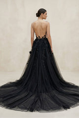 Illusion Neck A-Line Tulle Appliqued Wedding Dress in Black