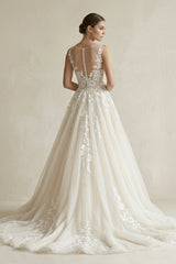 Illusion Neck Appliqued Tulle Wedding Gown in White