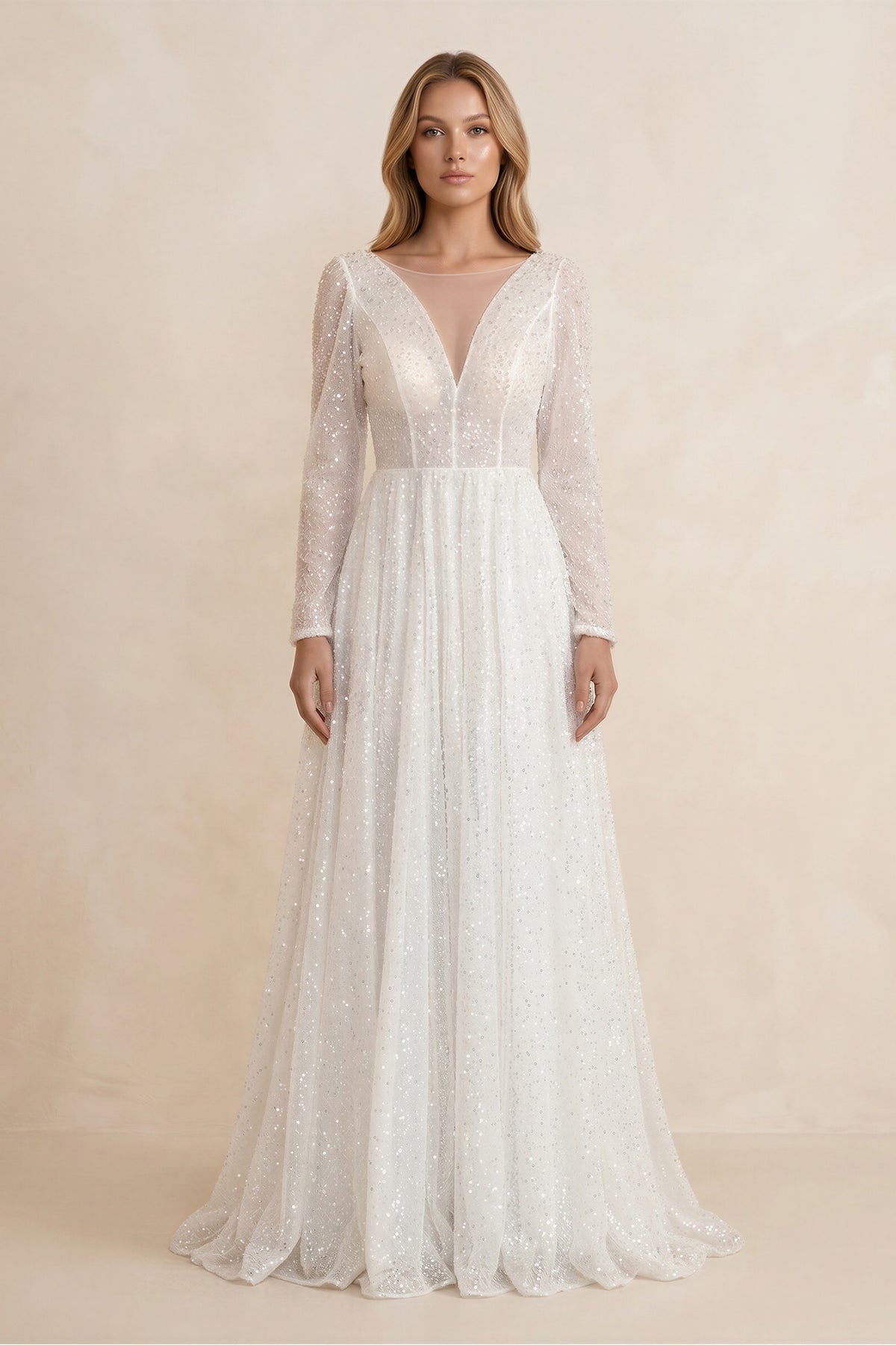 Illusion Neck Sequined A-Line Wedding Dress With Long Sleeves in Ivory