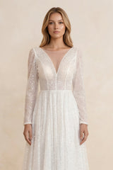 Illusion Neck Sequined A-Line Wedding Dress With Long Sleeves in Ivory