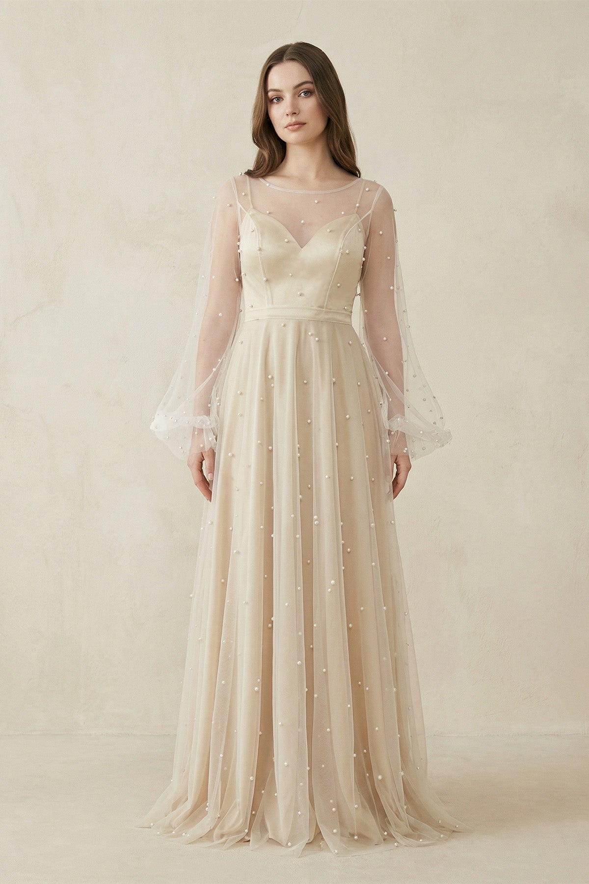 Illusion Neck Tulle A-Line Long Sleeve Wedding Dress With Pearl in White-Nude