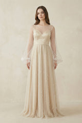 Illusion Neck Tulle A-Line Long Sleeve Wedding Dress With Pearl in White-Nude