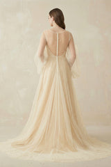 Illusion Neck Tulle A-Line Long Sleeve Wedding Dress With Pearl in White-Nude