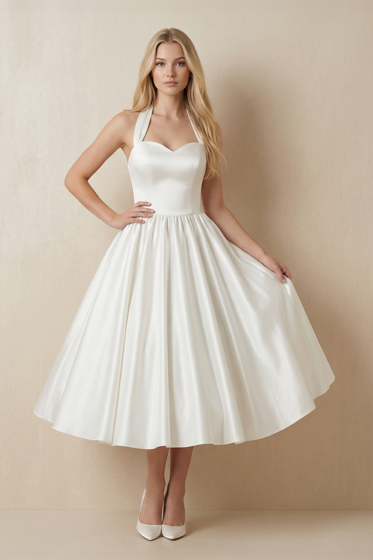 Ivory Halter Satin A-Line Midi Wedding Dress with Bow