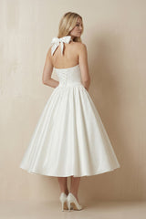 Ivory Halter Satin A-Line Midi Wedding Dress with Bow
