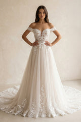 Ivory Off-the-Shoulder Tulle A-Line Wedding Dress
