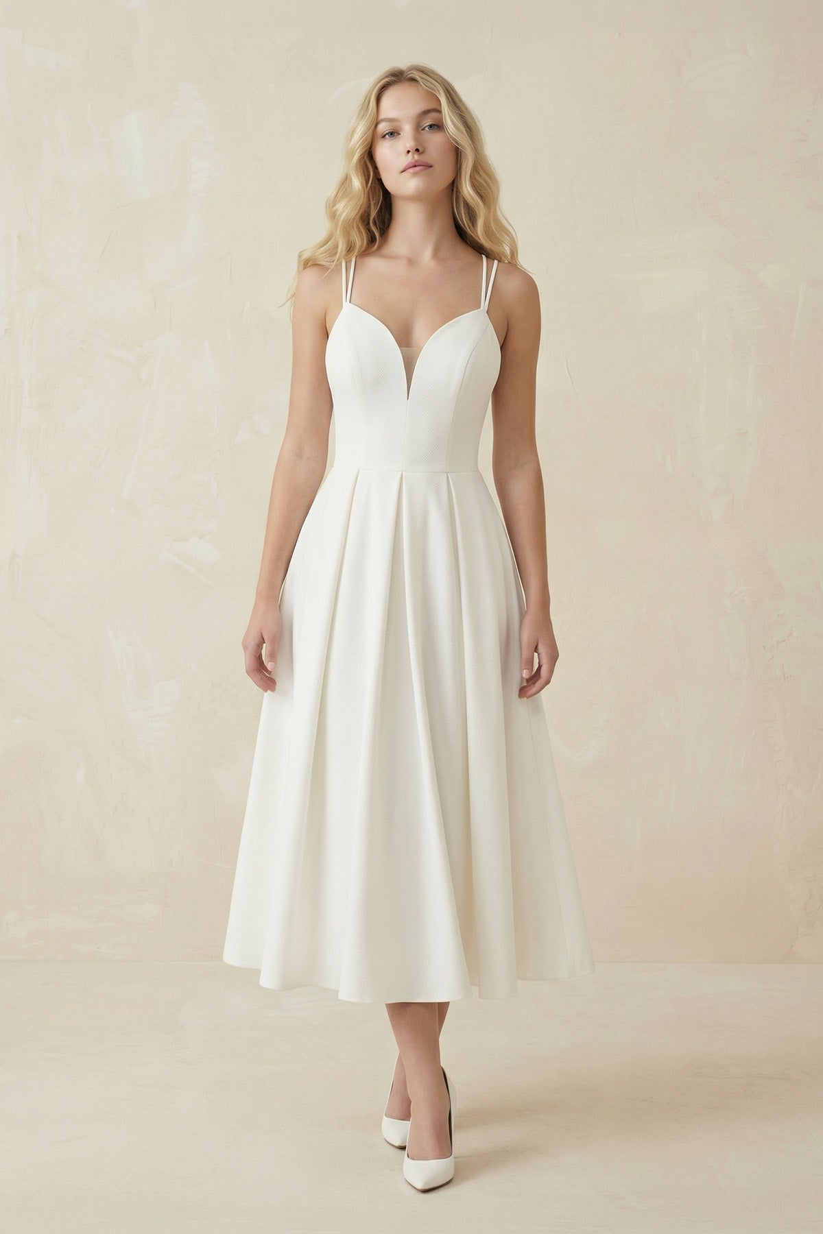 Ivory Satin V-Neck A-Line Midi Wedding Dress