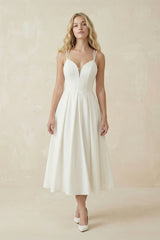 Ivory Satin V-Neck A-Line Midi Wedding Dress