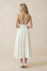 Ivory Satin V-Neck A-Line Midi Wedding Dress