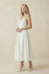 Ivory Satin V-Neck A-Line Midi Wedding Dress