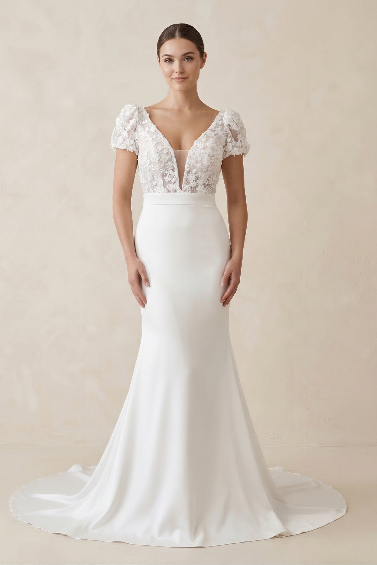 Lace Cap Sleeve Satin V-Neck Mermaid Wedding Dress in White
