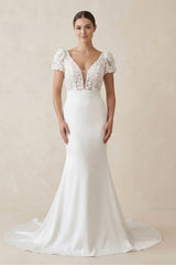 Lace Cap Sleeve Satin V-Neck Mermaid Wedding Dress in White