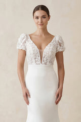 Lace Cap Sleeve Satin V-Neck Mermaid Wedding Dress in White