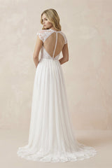 Lace Cap Sleeve V-Neck  A-Line Tulle Wedding Dress in White