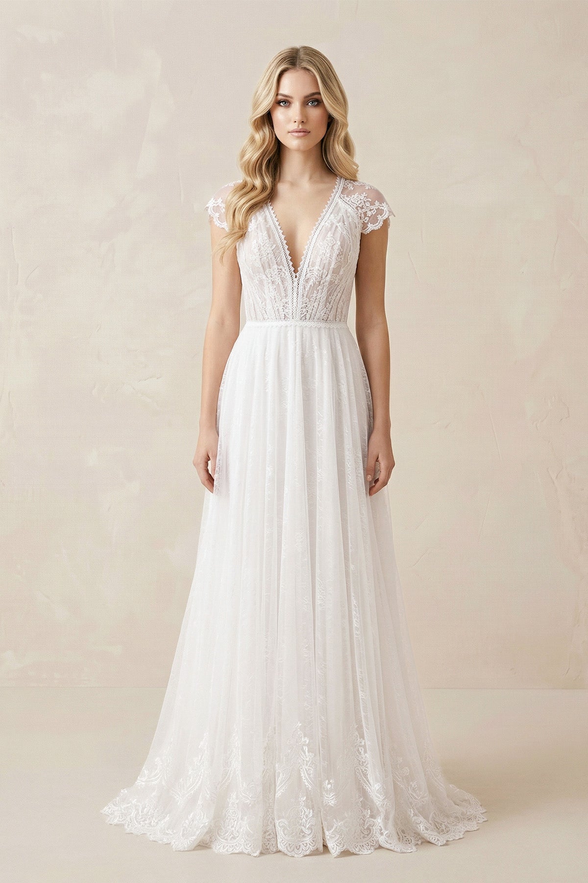 Lace Cap Sleeve V-Neck  A-Line Tulle Wedding Dress in White
