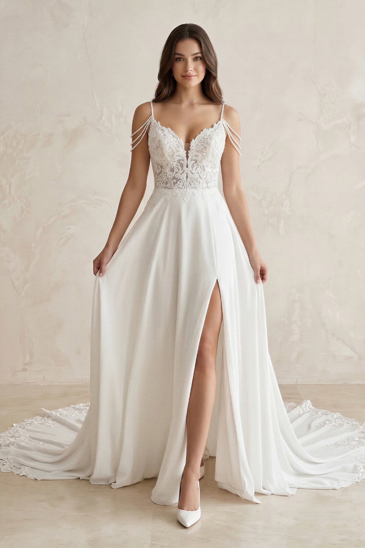 Lace Chiffon A-Line Off-the-Shoulder Wedding Dress in White