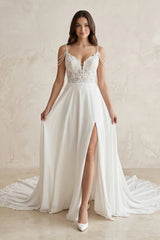 Lace Chiffon A-Line Off-the-Shoulder Wedding Dress in White
