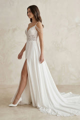 Lace Chiffon A-Line Off-the-Shoulder Wedding Dress in White