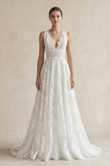Lace Deep V-Neck A-Line Wedding Dress in White