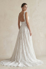 Lace Deep V-Neck A-Line Wedding Dress in White